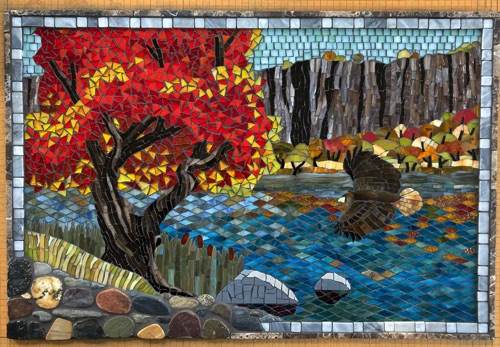 Palisades and Red Tailed Hawk; 20" x 30"; stained glass, porcelain, cut stone, natural stone, marble; kitchen wall inset; private home, New York; $2200